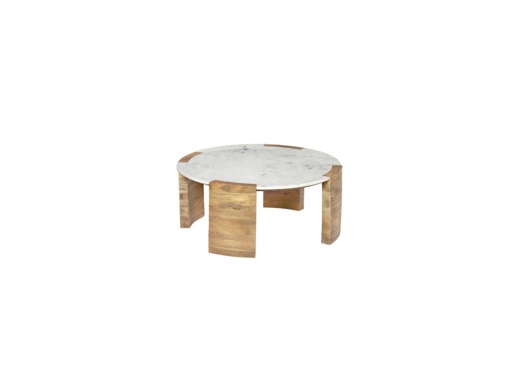 Torvi - Table Basse Ronde - Plateau Marbre Et Pieds Bois Massif De Manguier Clair