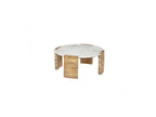 Torvi - Table Basse Ronde - Plateau Marbre Et Pieds Bois Massif De Manguier Clair