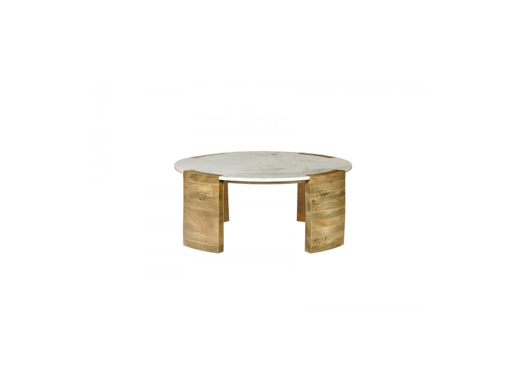 Torvi - Table Basse Ronde - Plateau Marbre Et Pieds Bois Massif De Manguier Clair
