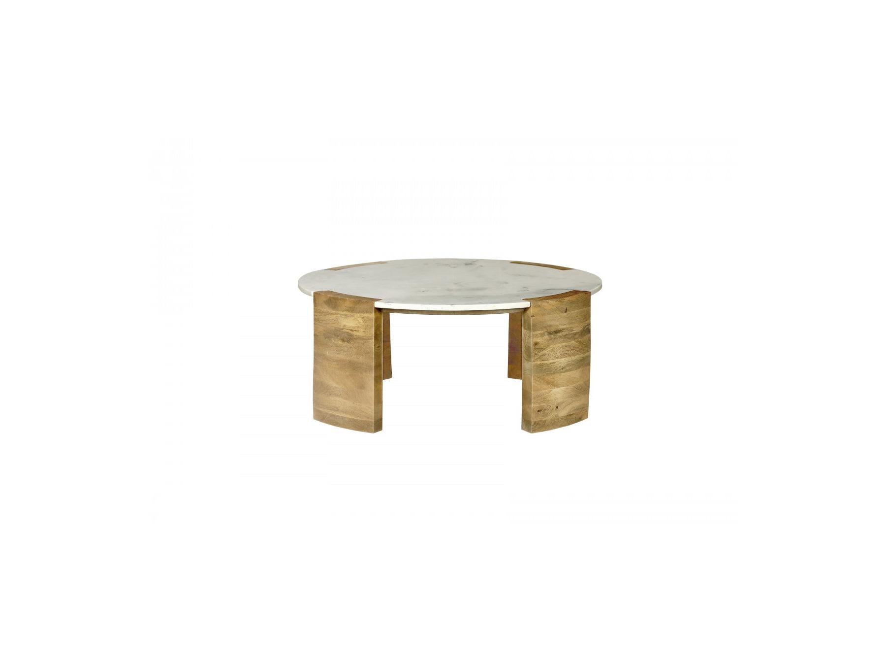 Torvi - Table Basse Ronde - Plateau Marbre Et Pieds Bois Massif De Manguier Clair