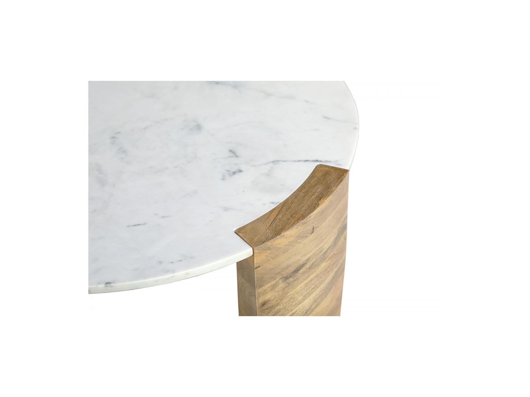 Torvi - Table Basse Ronde - Plateau Marbre Et Pieds Bois Massif De Manguier Clair