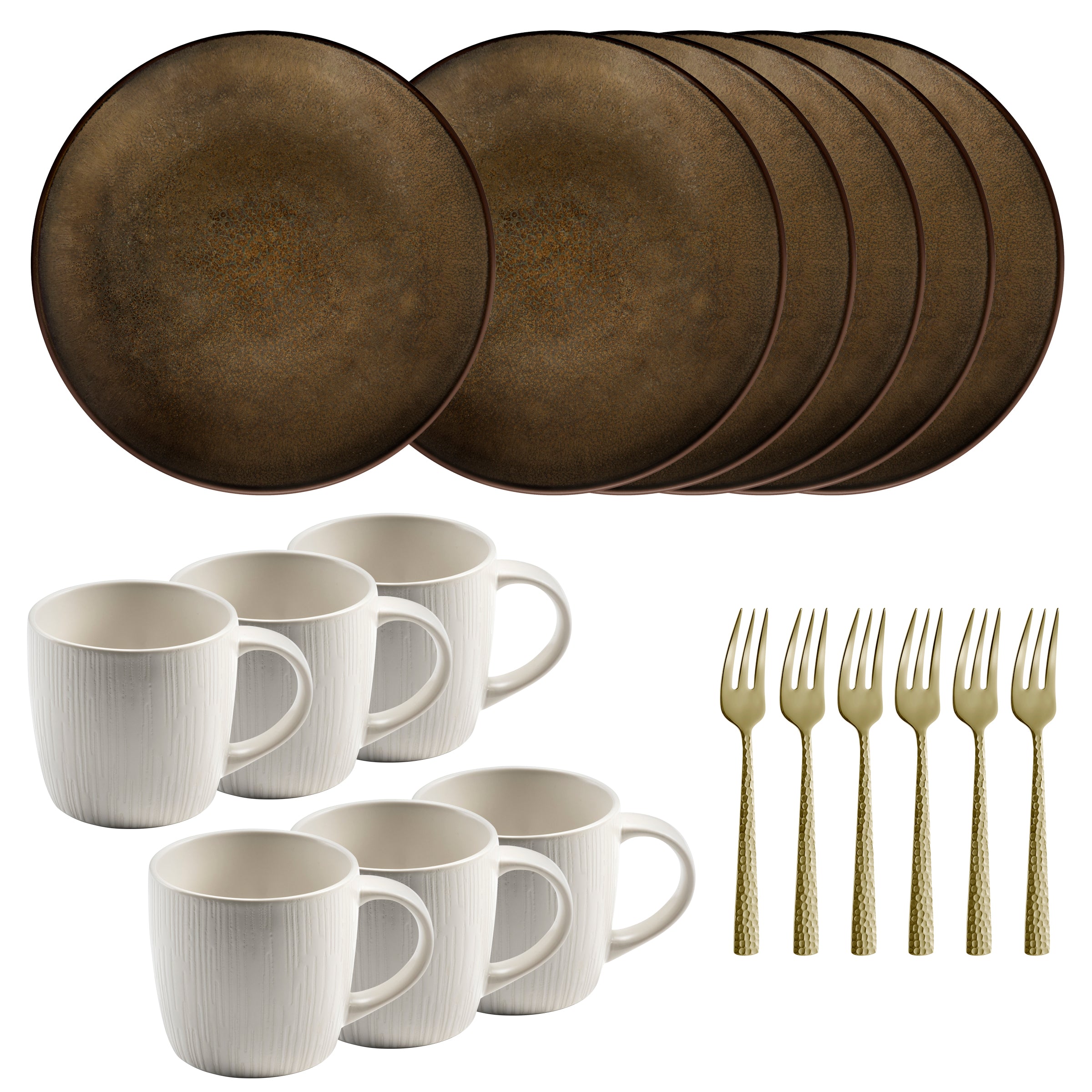 Tara Bronze - Ensemble Dessert & Goûter 18 Pièces - Grès/Acier Inoxydable - Bronze