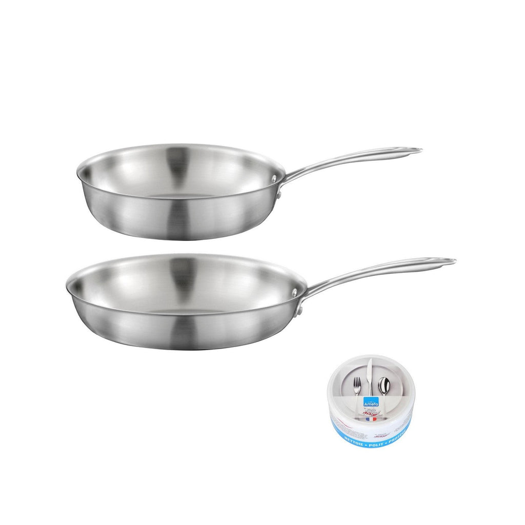 Gourmet - Lote de 1 sartén de acero inoxidable de 28 cm + 1 salteadora de acero inoxidable de 24 cm + 1 piedra de Plata Limón de 300 g (mantenimiento del acero inoxidable)