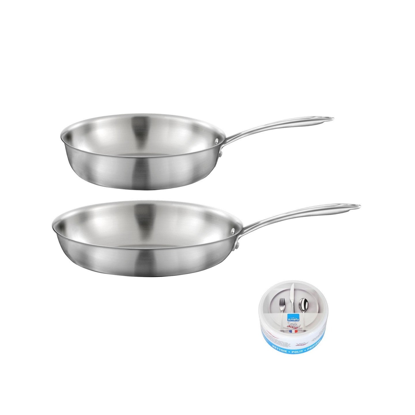 Gourmet - Lote de 1 sartén de acero inoxidable de 28 cm + 1 salteadora de acero inoxidable de 24 cm + 1 piedra de Plata Limón de 300 g (mantenimiento del acero inoxidable)