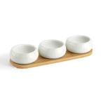 Tapas - Set De 3 Coupelles Apéritives En Céramique Avec Plateau En Bambou - Céramique/Bambou - Blanc/Bois Clair