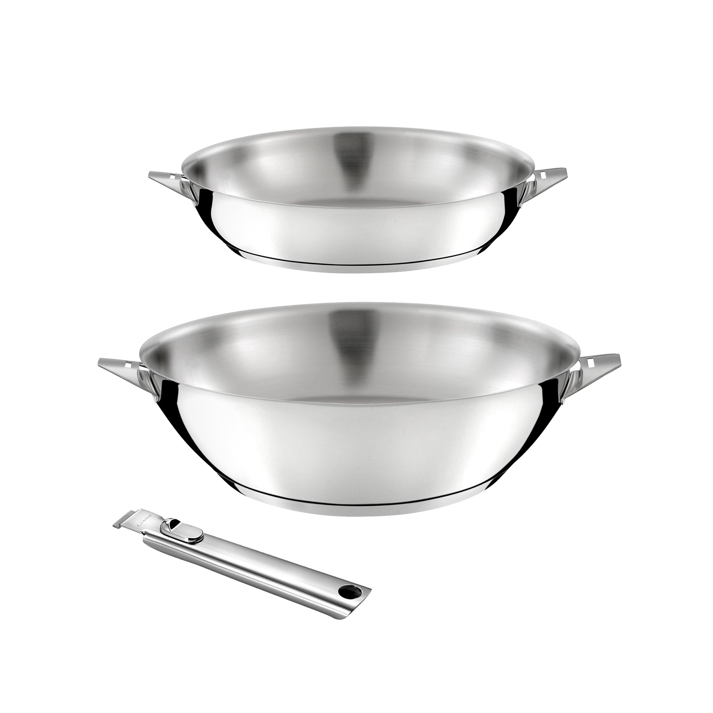 Eclipse - 1 Wok 28cm + 1 Frying Pan 24cm + 1 Removable Handle - Stainless Steel