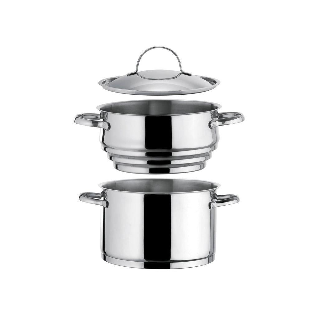 Elysée - 1 cacerola de acero inoxidable de 24 cm + tapa + 1 accesorio de cocción al vapor universal