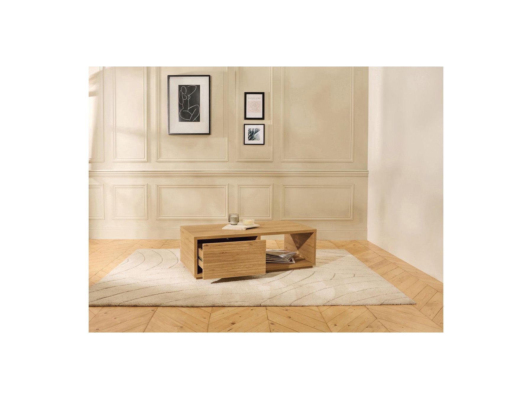 Ferret - Mesa de centro con cajón - Efecto listones de madera