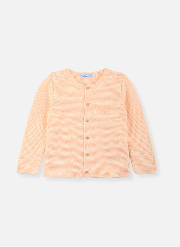 La Manufacture De Layette – Gilet En Coton Bio - Rose Saumon - 3 Ans, gładki kardigan niemowlęcy z bawełnianej dzianiny w kolorze brzoskwiniowym, widok z przodu