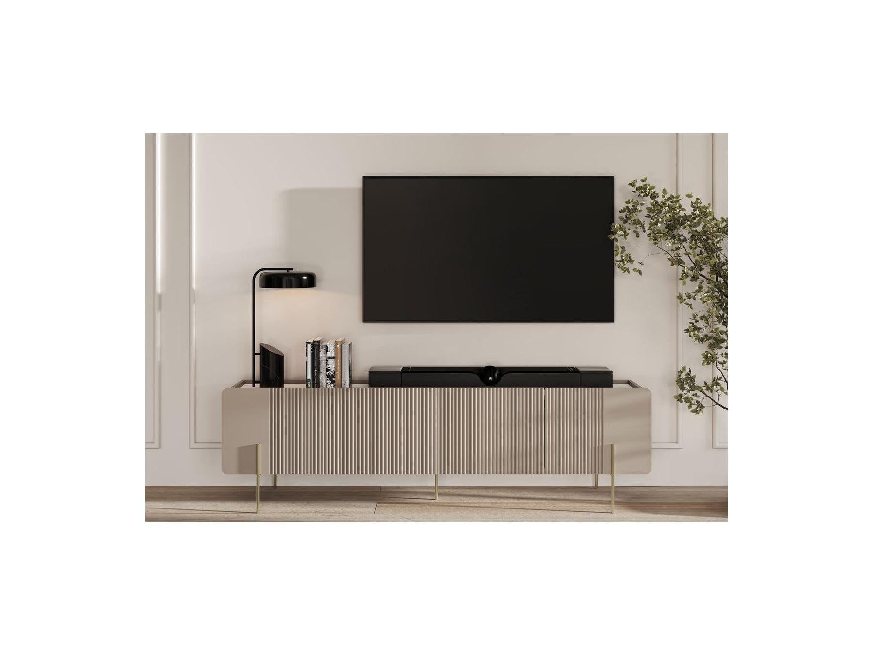 Mathilde - Mueble de TV 4 puertas con encimera efecto mármol y patas doradas