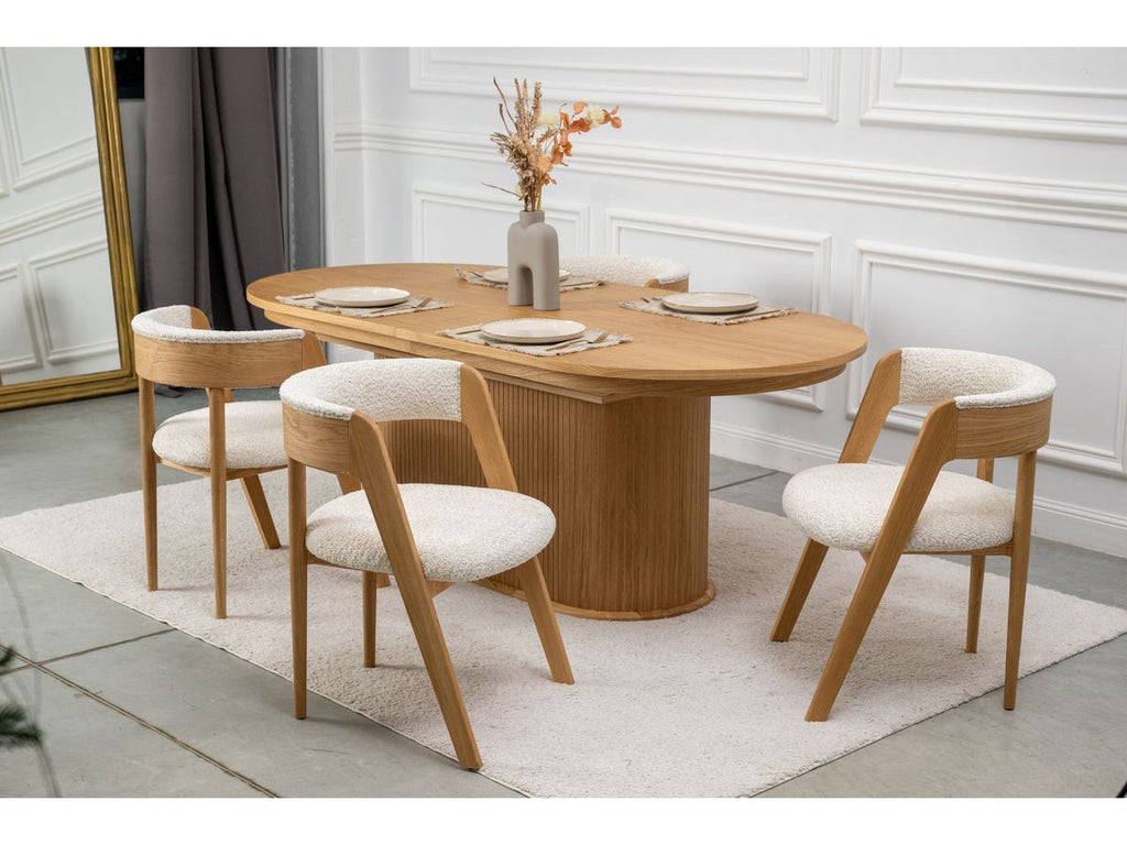 Malmousque - Conjunto con mesa de comedor extensible de 210 a 270 cm + 6 sillas Bastide de chapa de roble macizo