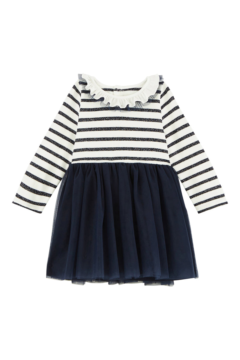 Two-Fabric Dress - White And Navy Blue - Baby Girl