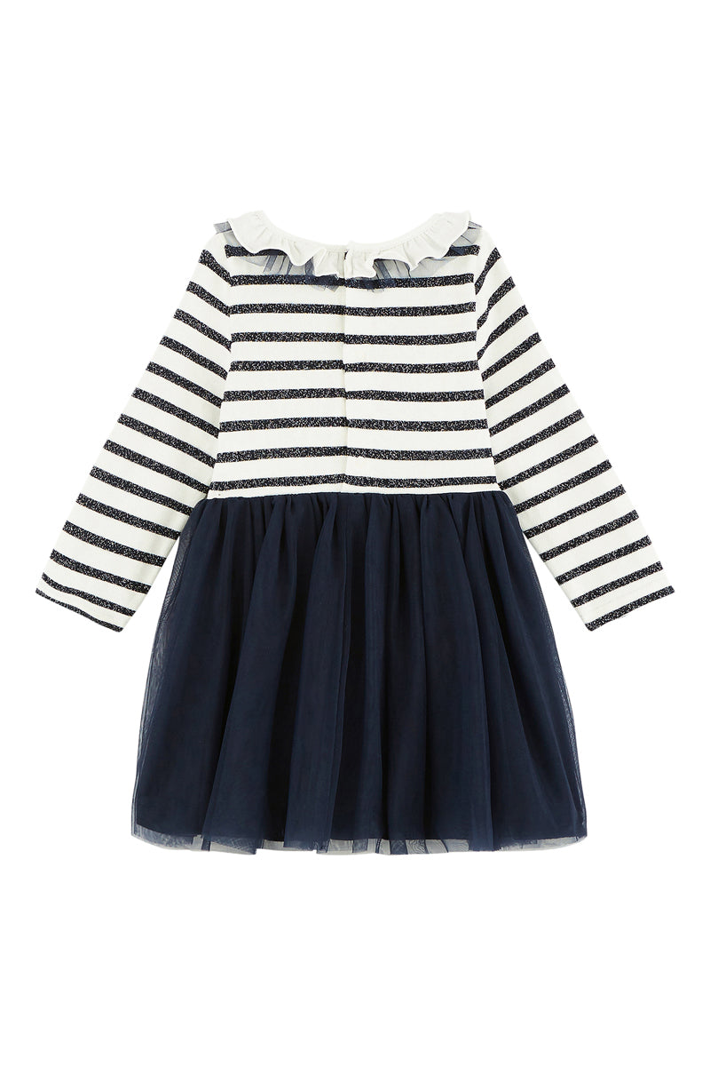 Two-Fabric Dress - White And Navy Blue - Baby Girl
