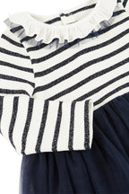 Two-Fabric Dress - White And Navy Blue - Baby Girl