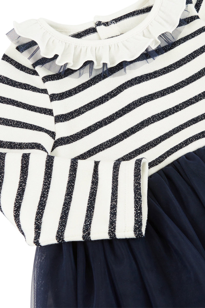 Two-Fabric Dress - White And Navy Blue - Baby Girl