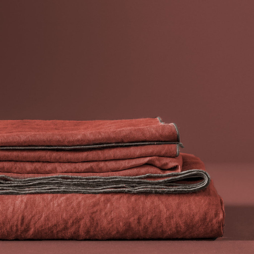 Mantel Alrededor de Lino - Marsala Bourdon Rojo - Gris Claro
