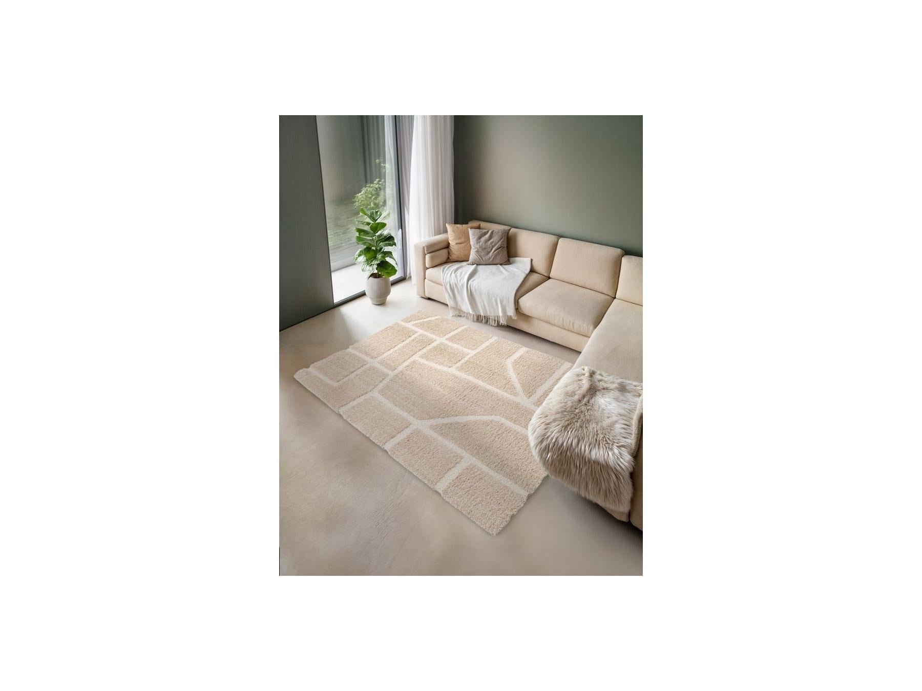 Alfombra Pelo Largo - Marina - Estampado Gráfico - Beige