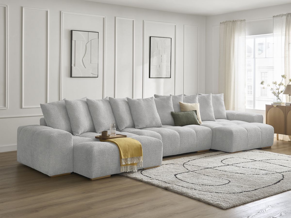 Anakin - Fixed Panoramic Sofa - Bouclé Fabric - 10 Cushions