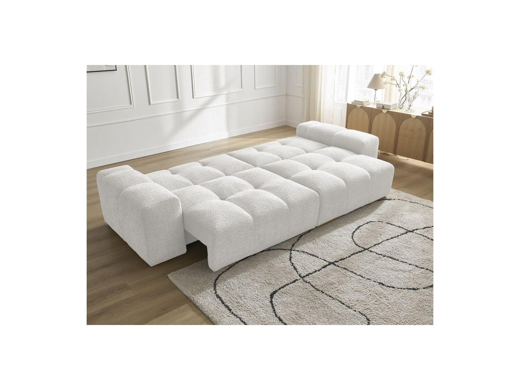 Anakin - Sofá recto cama con arcón - Tejido bouclé - 6 cojines