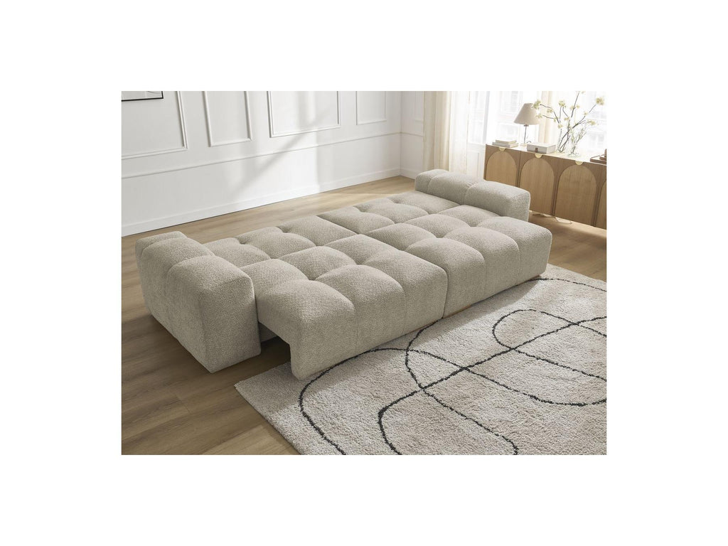 Anakin - Sofá recto cama con arcón - Tejido bouclé - 6 cojines