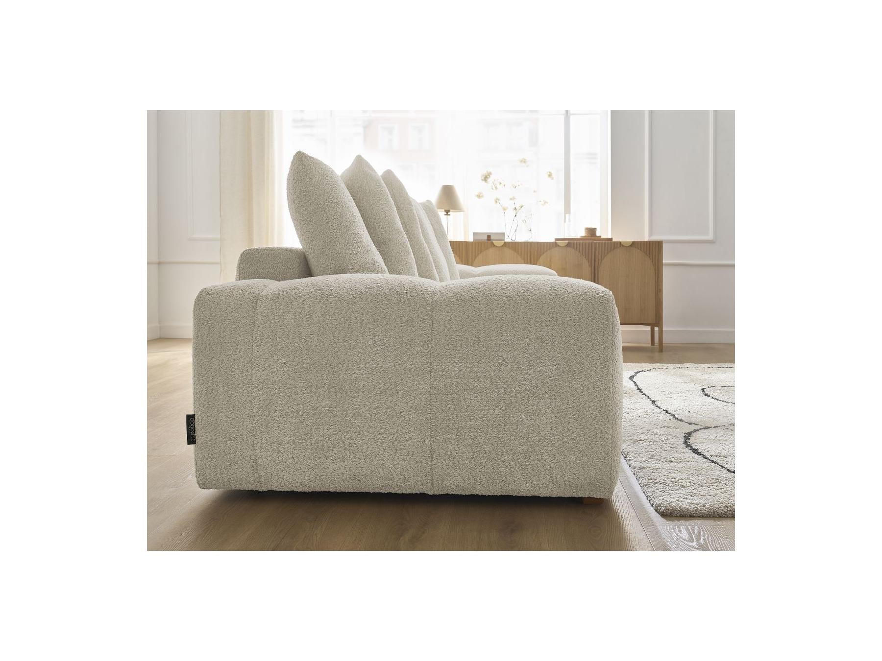 Anakin - Sofá recto cama con arcón - Tejido bouclé - 6 cojines