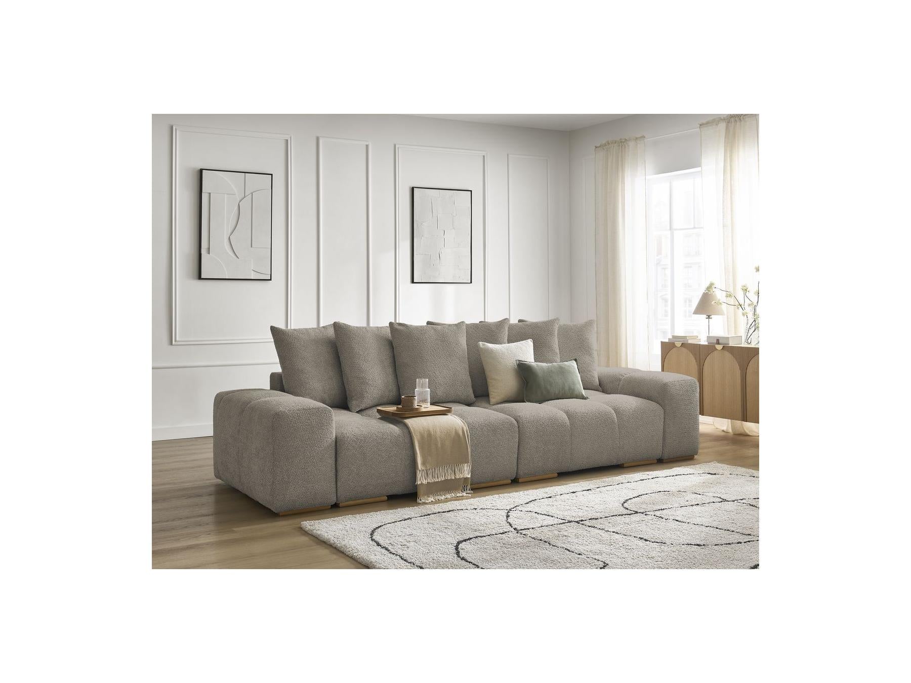 Anakin - Sofá recto cama con arcón - Tejido bouclé - 6 cojines