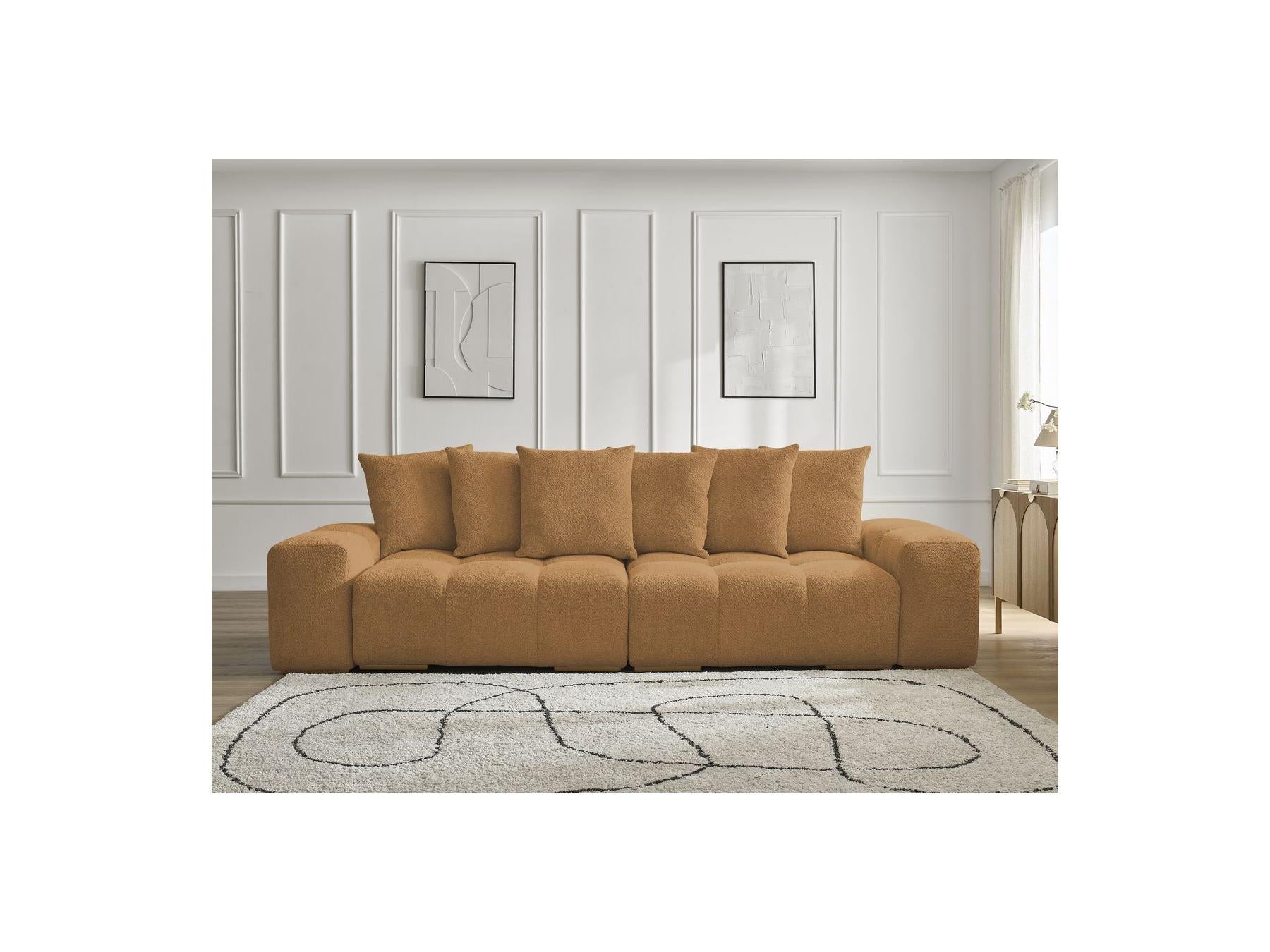 Anakin - Sofá recto cama con arcón - Tejido bouclé - 6 cojines