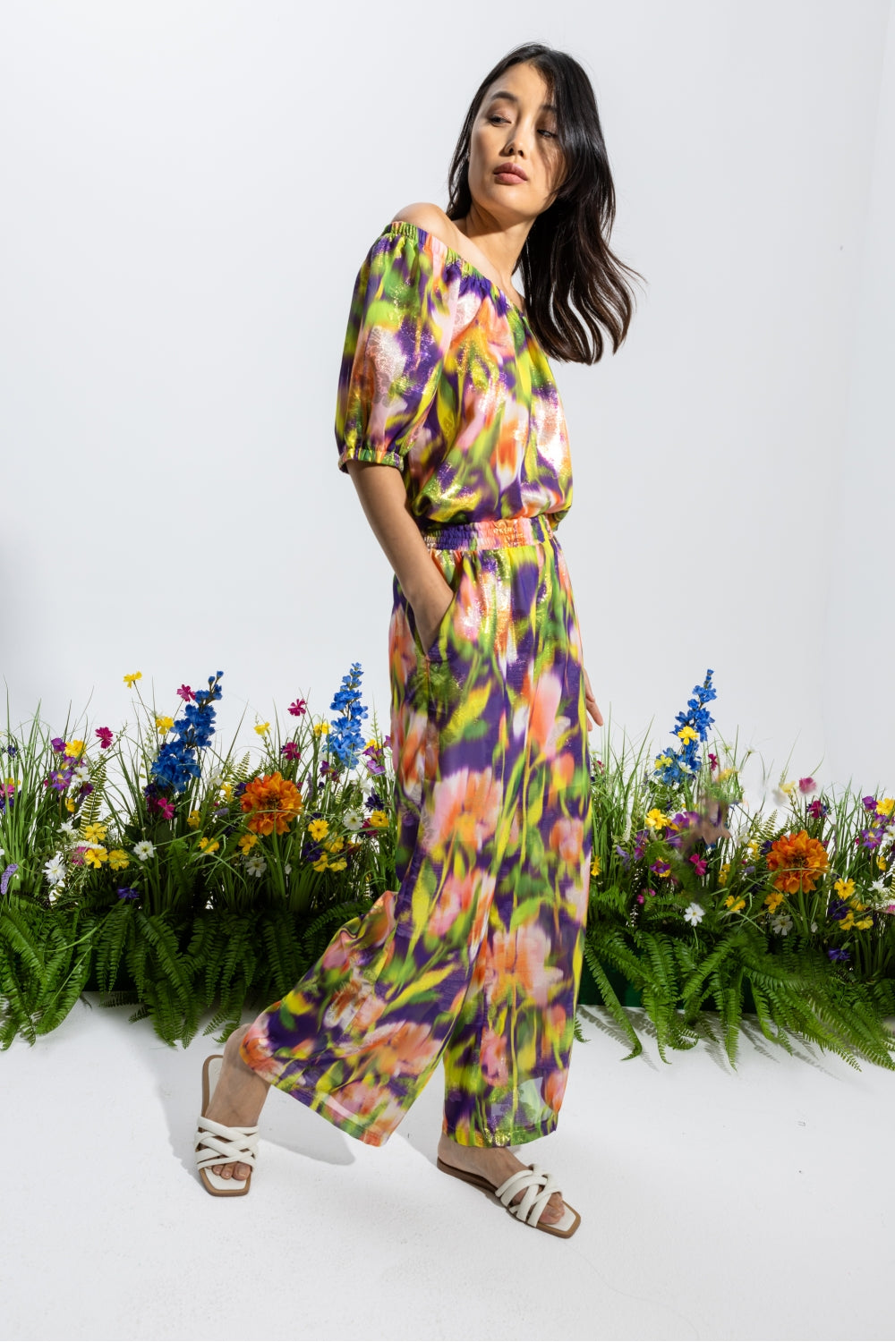 Blusa Bardot Fuzzy Flower - Lilla