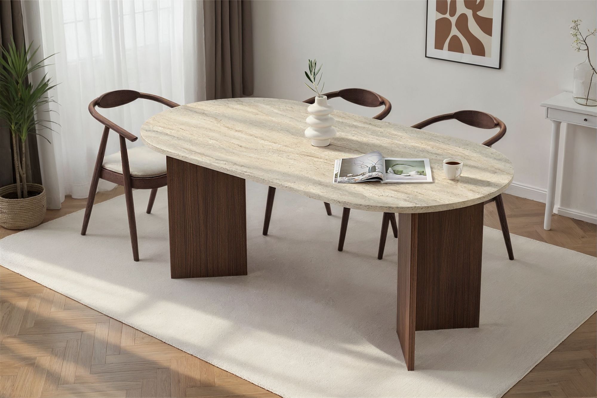 Sablin - Table à Manger - Travertine/Milano Walnut