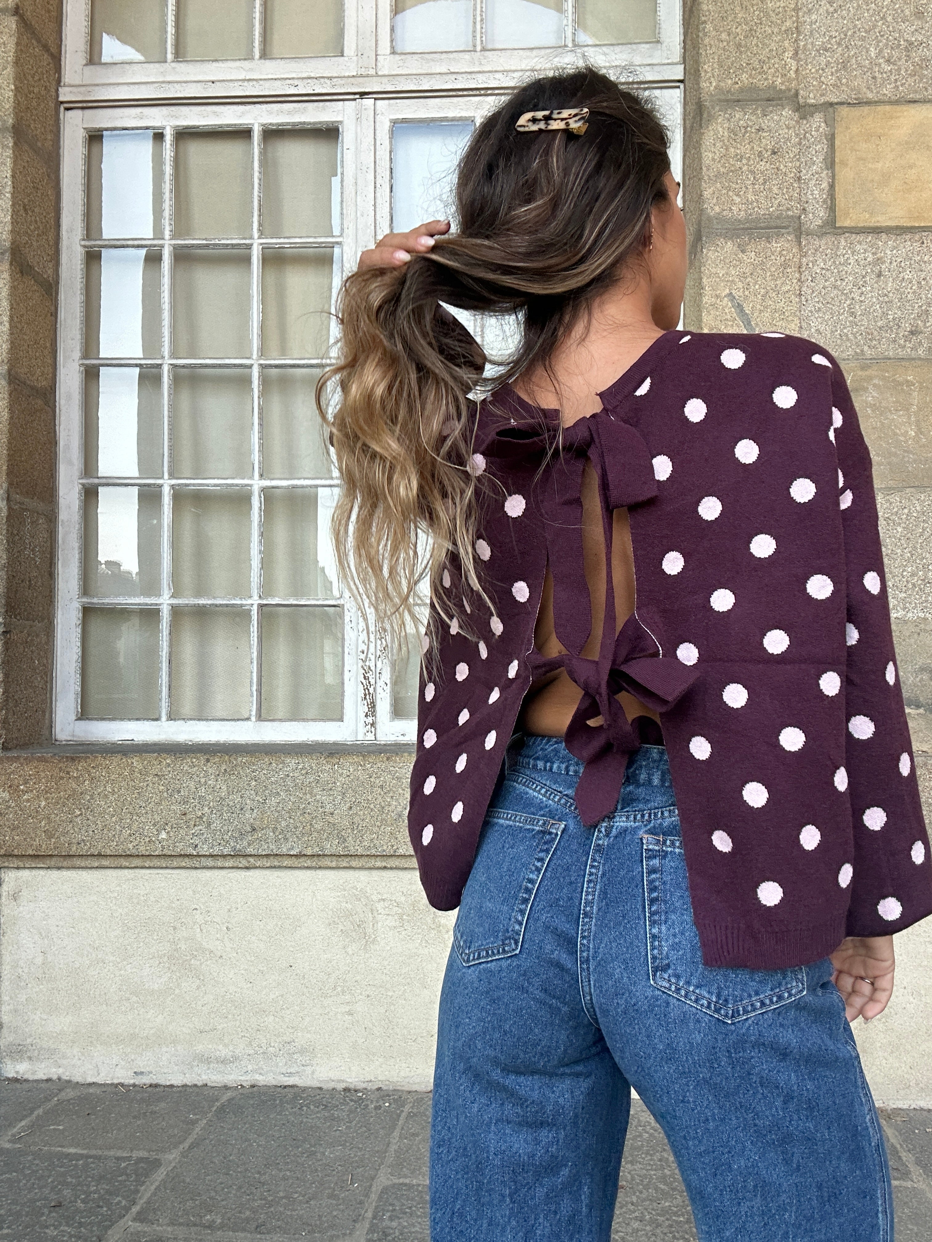 Pull à pois en laine Zélie bordeaux
