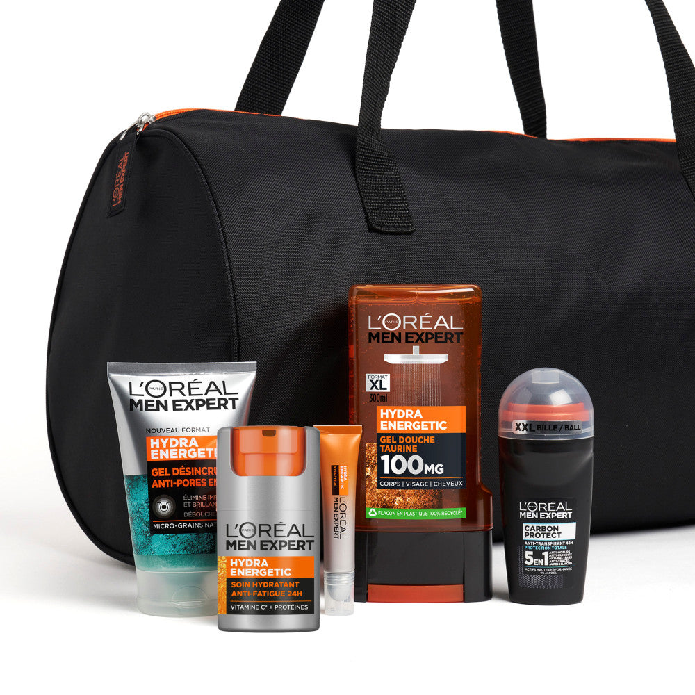 Men Expert Hydra Energetic Sac 5 Produits Soin Hydratant + Gel Désincrustant + Soin Yeux + Gel Douche + Anti-Trans