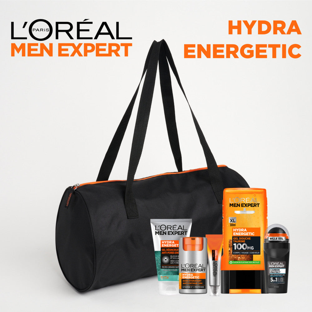 Men Expert Hydra Energetic Sac 5 Produits Soin Hydratant + Gel Désincrustant + Soin Yeux + Gel Douche + Anti-Trans