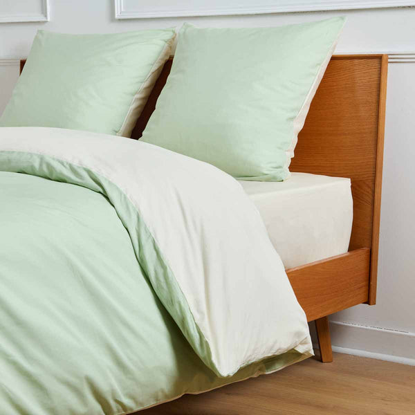 Juego De Cama - Funda Nórdica Reversible - Percal De Algodón - Bicolor Salvia/Marfil