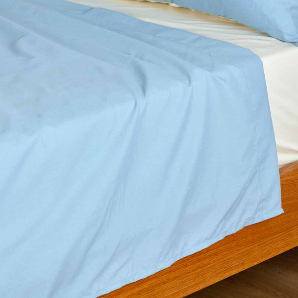 Juego de Cama - Sábana Plana - Percal de Algodón - Bicolor Azul/Marfil
