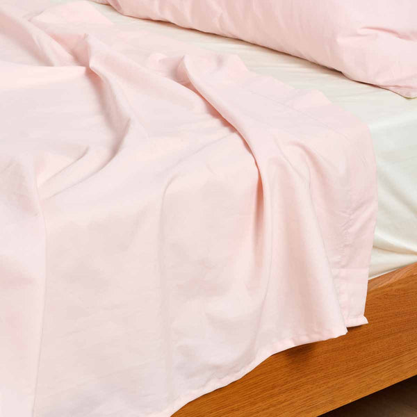 Juego de Cama - Sábana Plana - Percal de Algodón - Bicolor Rosa/Marfil