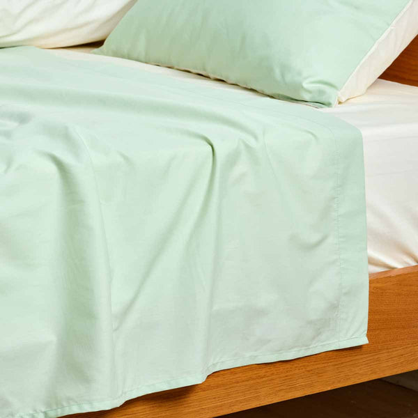 Juego de Cama - Sábana Plana - Percal de Algodón - Bicolor Salvia/Marfil