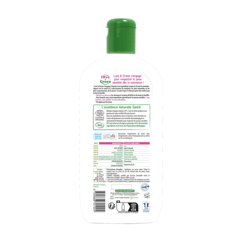 Gel Cuerpo y Cabello Certificado Bio Sin Perfume Sin Sulfatos, 500Ml