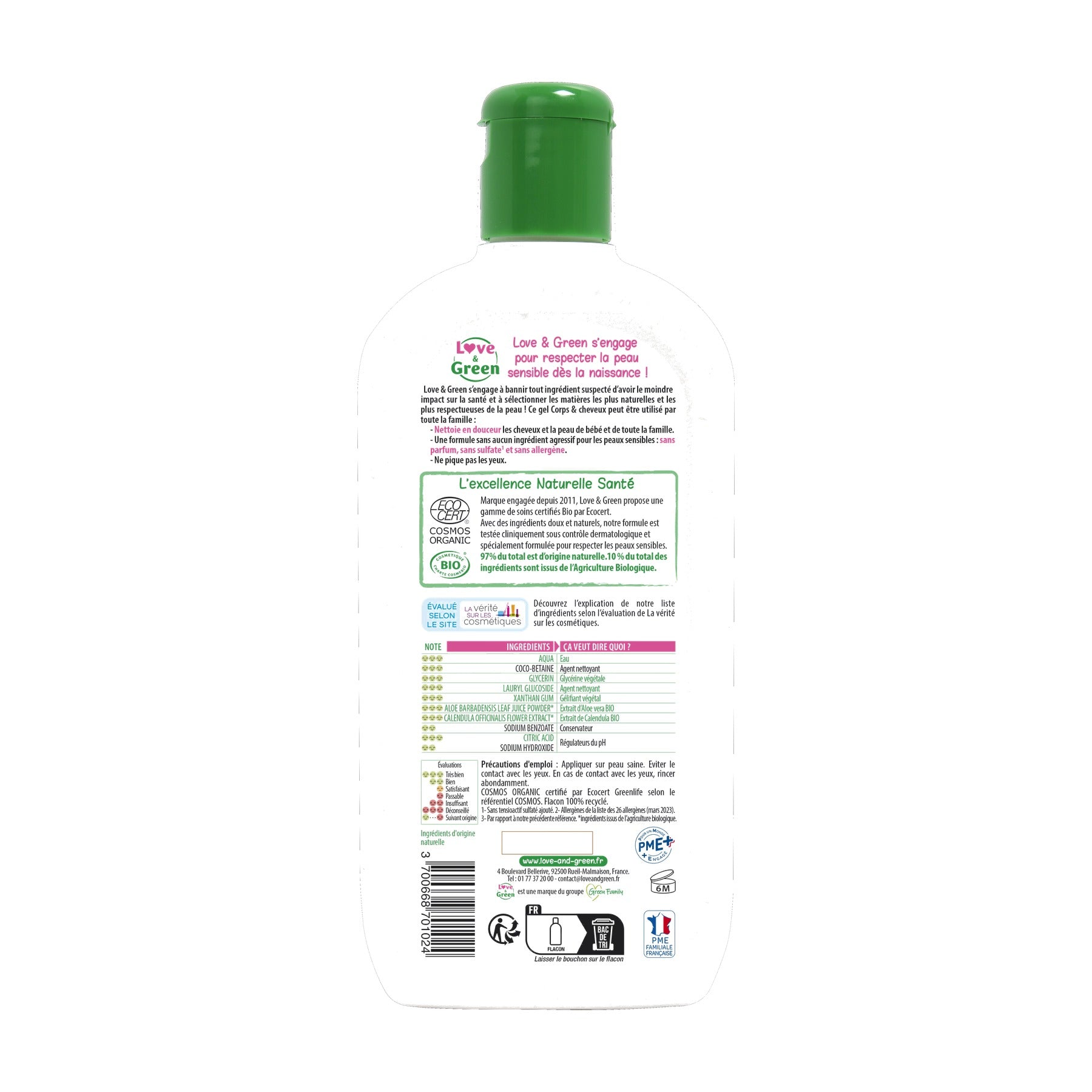 Gel Cuerpo y Cabello Certificado Bio Sin Perfume Sin Sulfatos, 500Ml