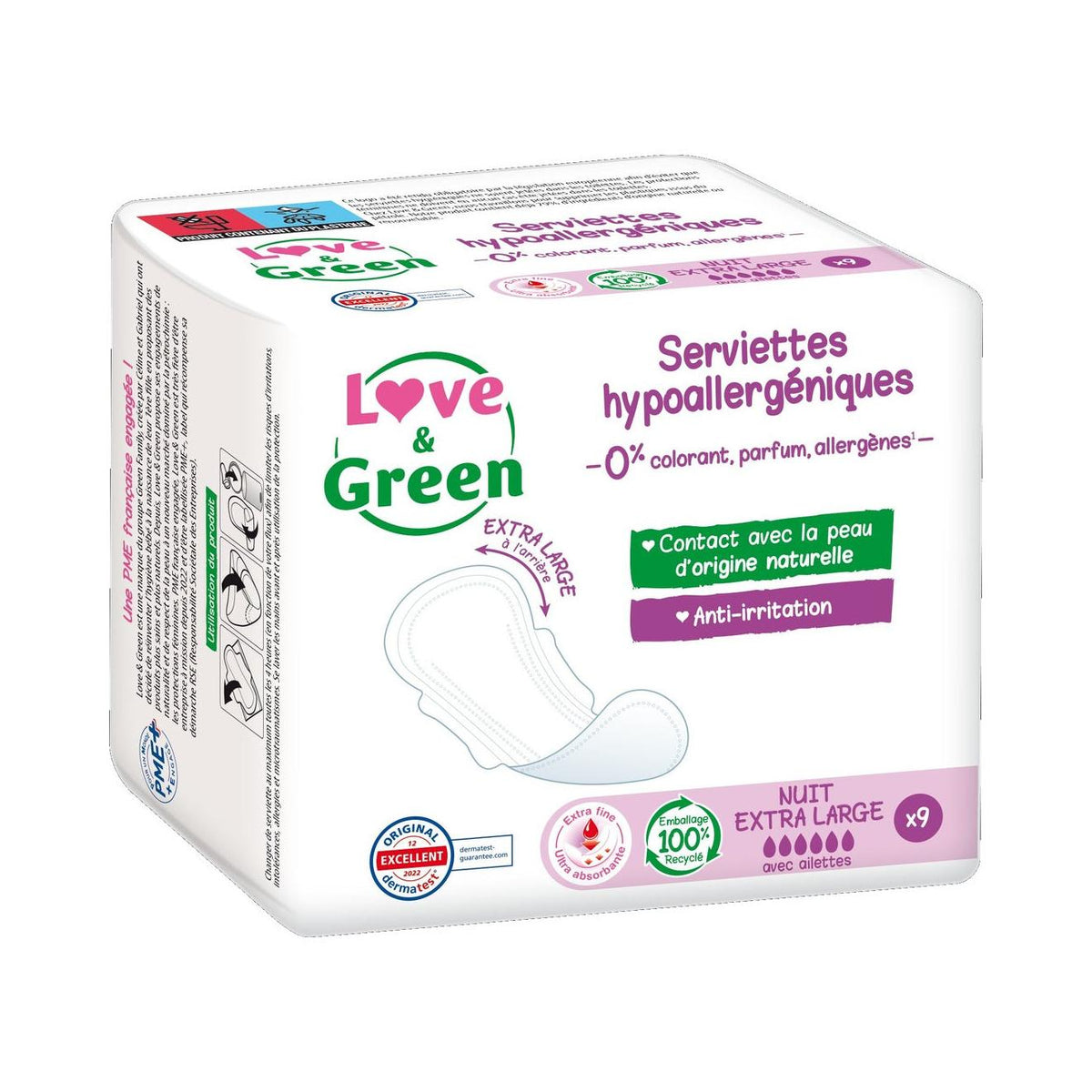 Assorbenti ipoallergenici ed ecologici "Notte Extra Large" x 9