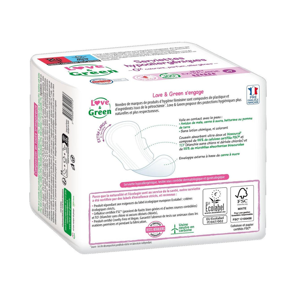 Assorbenti ipoallergenici ed ecologici "Notte Extra Large" x 9
