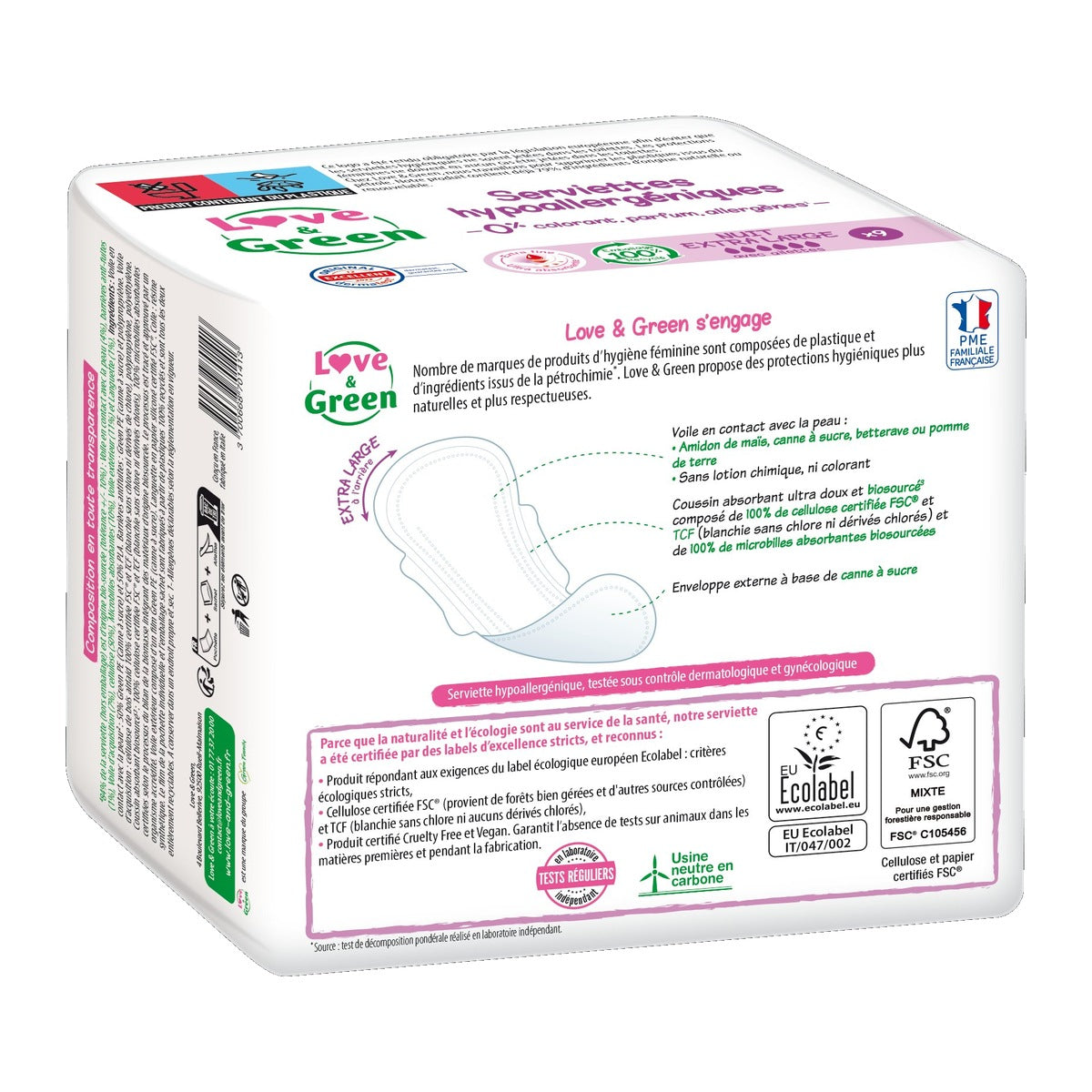 Hypoallergenic And Eco-Friendly Sanitary Towels "Night Extra Large" X 9