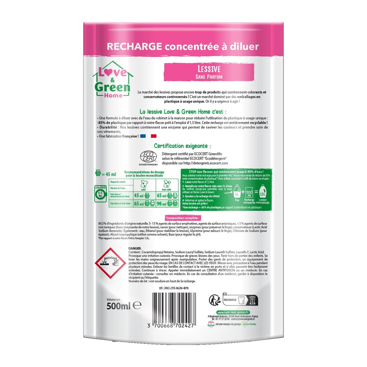 Home Recharge Concentrée À Diluer De Lessive Sans Parfum Hypoallergénique - 500Ml