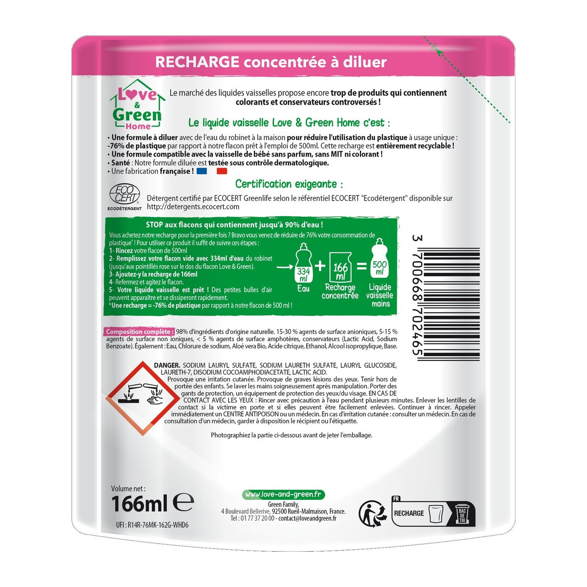 Home Concentrated Washing-Up Liquid Refill 0% - 166Ml