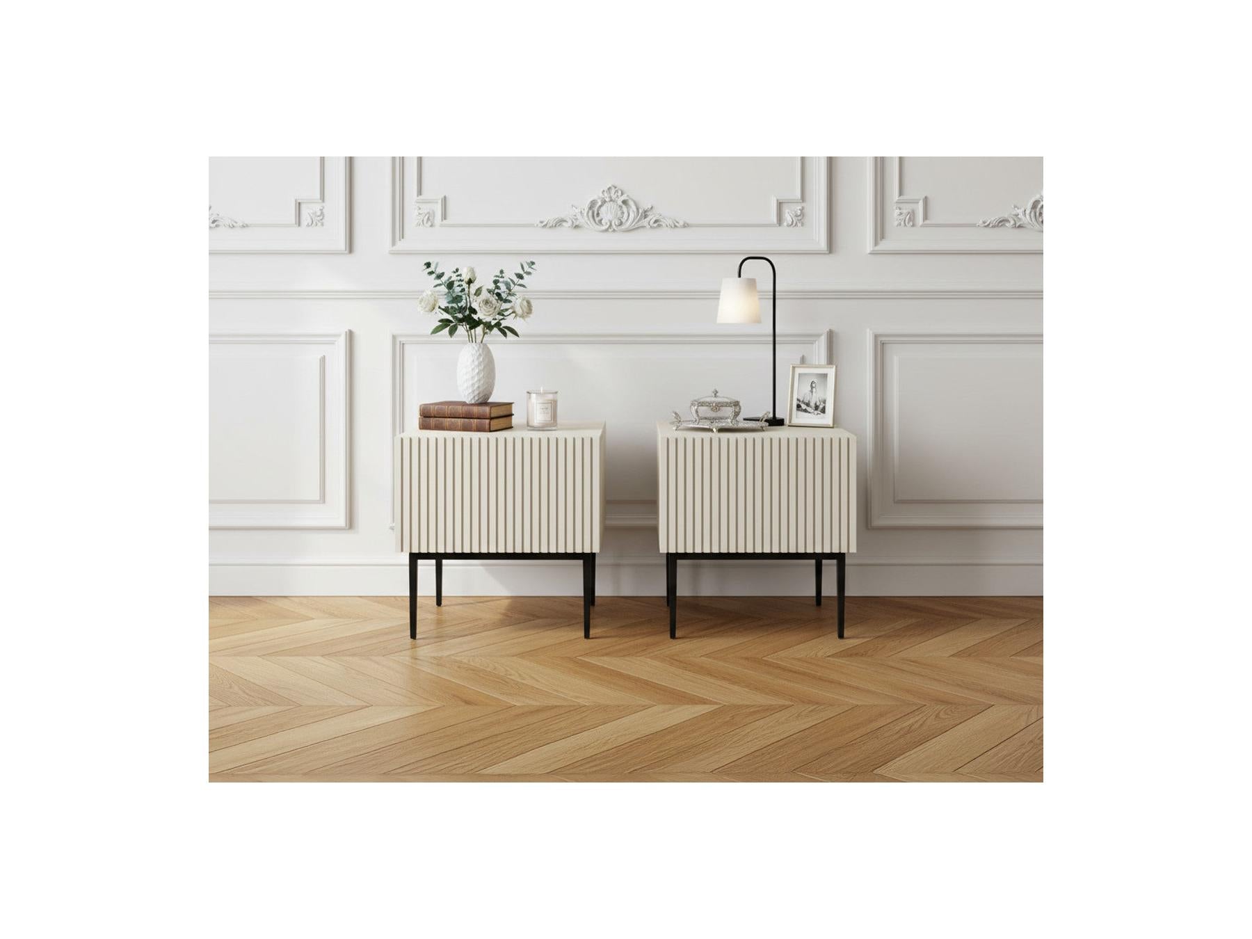 Kasha - Set of 2 Bedside Tables with Drawer - Black Legs