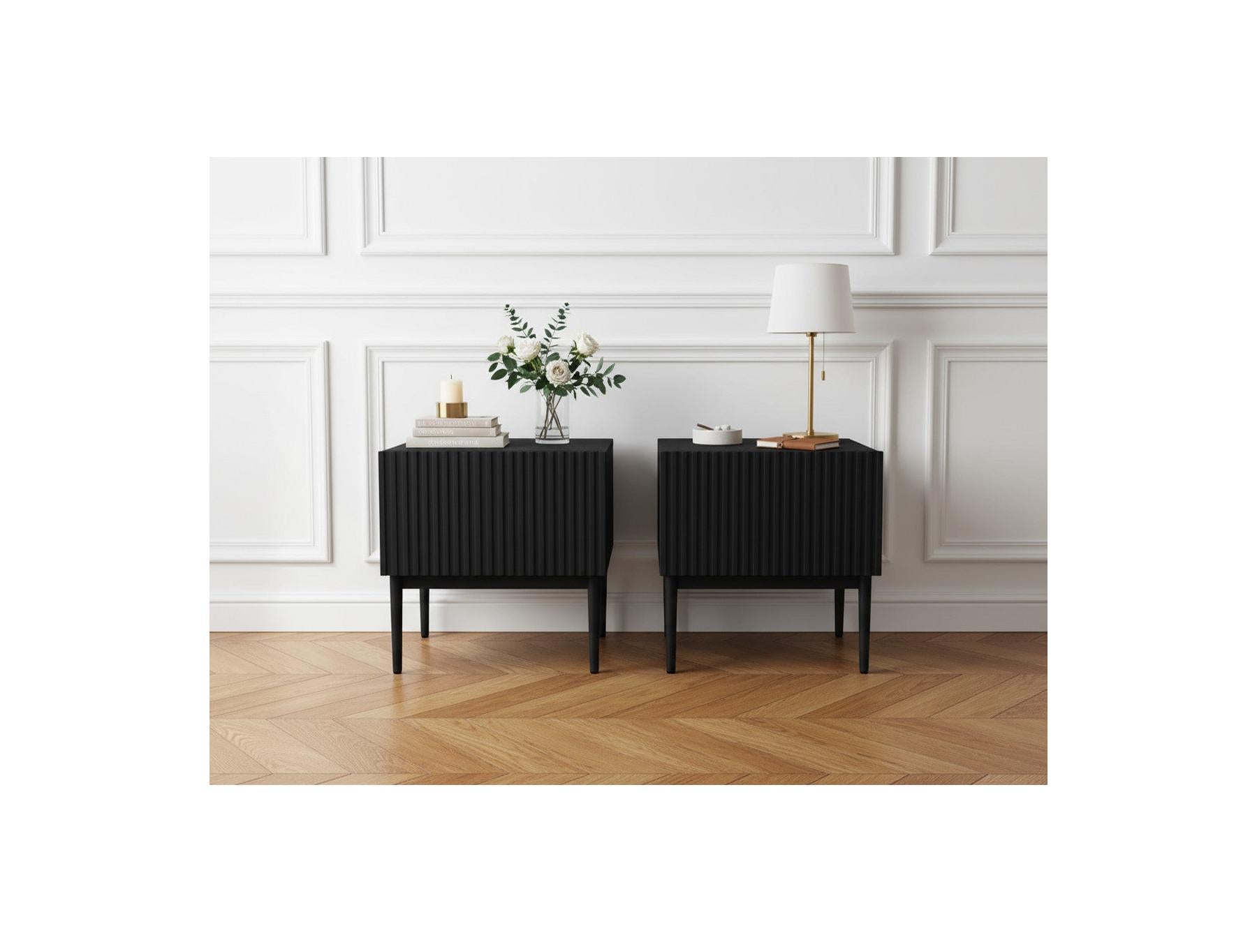 Kasha - Set of 2 Bedside Tables with Drawer - Black Legs