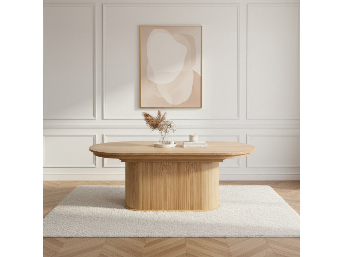 Malmousque - Conjunto con mesa de comedor extensible de 210 a 270 cm + 6 sillas Bastide de chapa de roble macizo