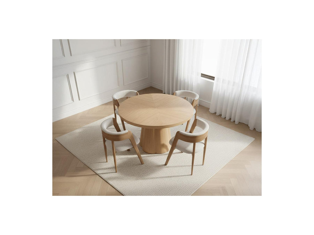 Sugiton - Conjunto con mesa de comedor redonda extensible de 130 a 180 cm + lote de sillas Bastide en chapa de roble macizo - Lote de 4 sillas