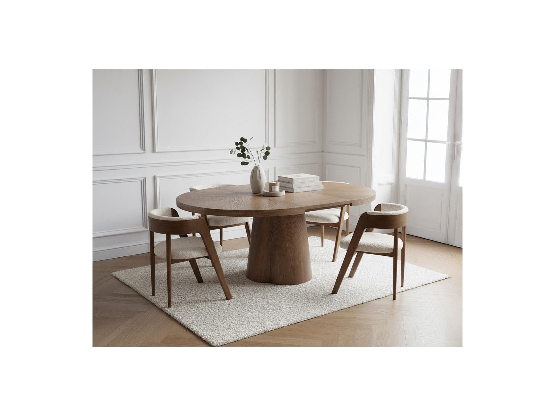 Sugiton - Conjunto con mesa de comedor redonda extensible de 130 a 180 cm + lote de sillas Bastide en chapa de roble macizo - Lote de 4 sillas