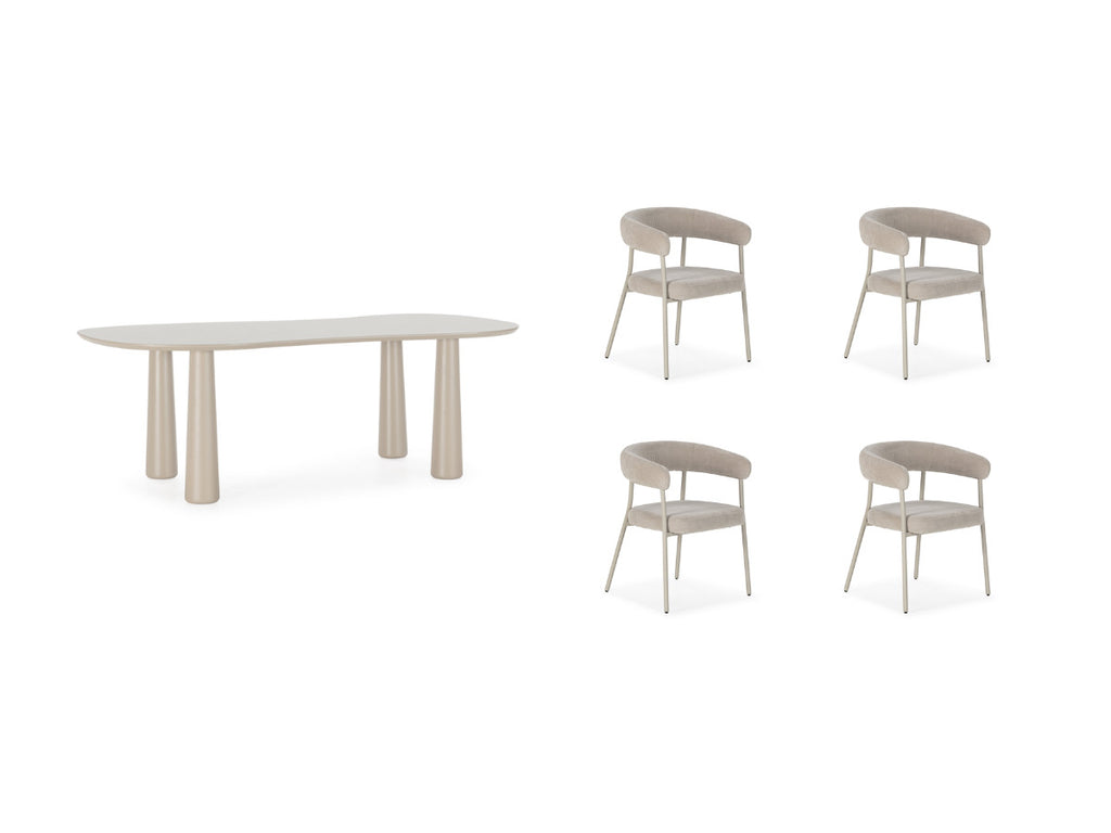 Sasha Set with Oval Dining Table + Rosa Beige Velvet Fabric Chairs - Set of 4 Chairs