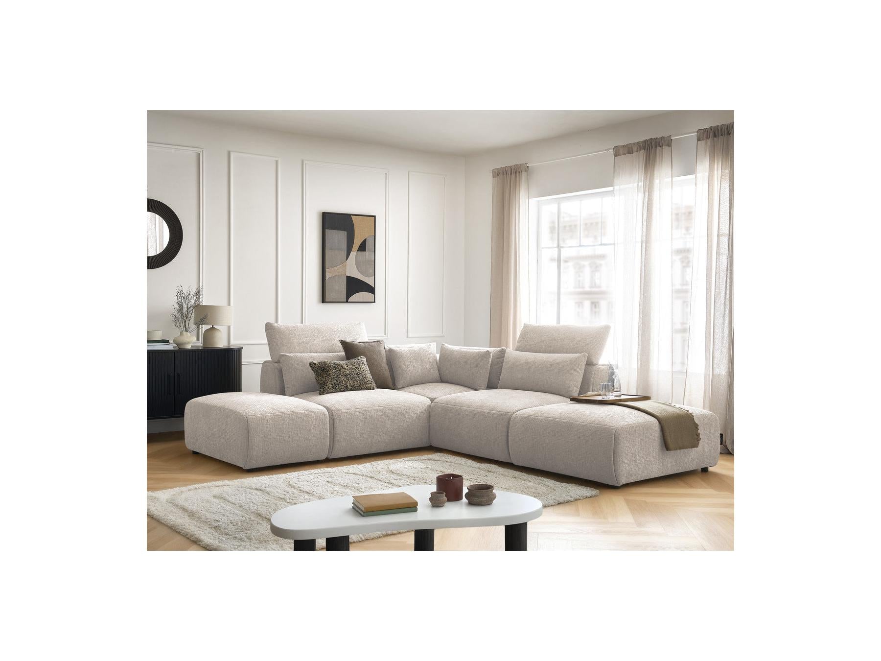 Jana - Canapé D'Angle Fixe Modulable Avec Têtières - Tissu Texturé Avec 2 Chauffeuses, 1 Angle Et 2 Poufs - Réversible